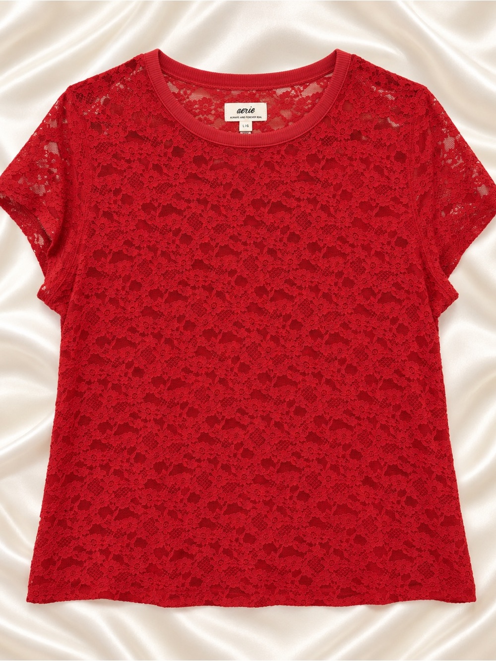 Aerie Red Floral Lace Short Sleeve Sheer Tee Women’s L